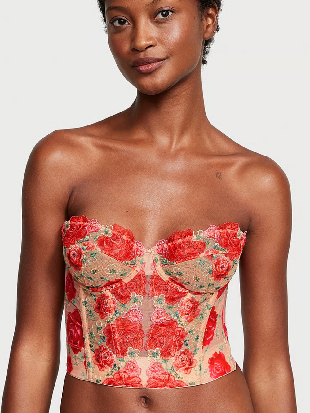 Victoria's Secret Red Floral Embroidered Strapless Bustier